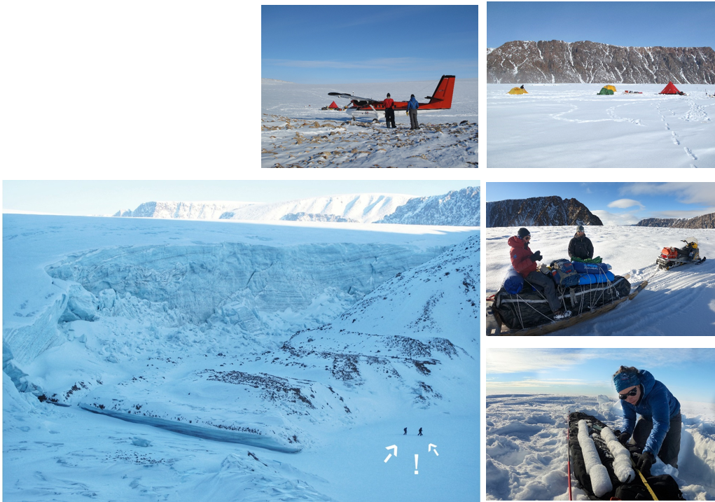 Quatre clichés de l’équipe travaillant sur la calotte glaciaire de Devon, sous le ciel bleu d’une journée ensoleillée
